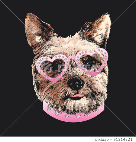 Yorkshire Terrier portrait, Cute dog in glasses with diamonds, Vector illustration 91514221