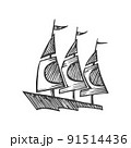 Sailing yacht floats on waves. Side view. Vector sketch. Hand drawing isolated on white background 91514436