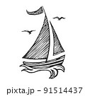 Yachts on sea waves. Seagull in the sky. Vector illustration sketch Isolated on white background 91514437