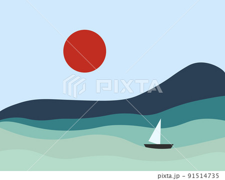Landscape poster. Sea, mountains and sailing boat. 91514735
