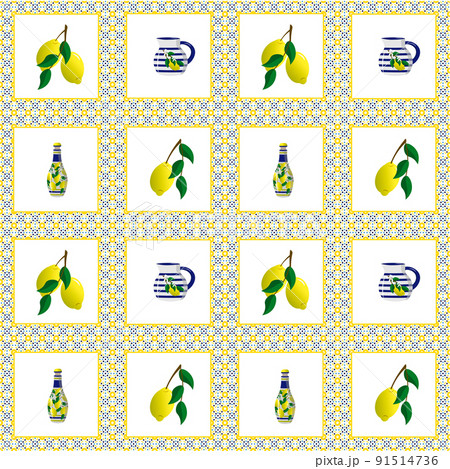 Pattern with Italian mosaic lemons and jug. Vector illustration with square ornaments. Pattern with Italian mosaic lemons and jug. Vector illustration with square ornaments. 91514736