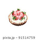 Strawberry tart with cream, hand painted watercolor on white background. Delicious food illustration. Clipart. For wallpaper, fabric design, textile design, banner, card, background, menu 91514759