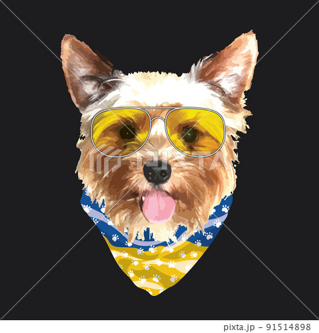 Yorkshire Terrier portrait, Cute cool dog in glasses and Ukraine flag bandana, Vector illustration 91514898