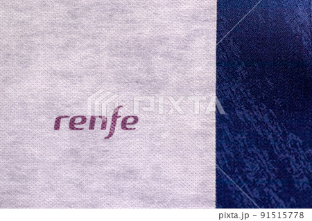BARCELONA, SPAIN - JUNE 17, 2022: Headrest in Renfe train with renfe logo in Spain BARCELONA, SPAIN - JUNE 17, 2022: Headrest in Renfe train with renfe logo in Spain 91515778