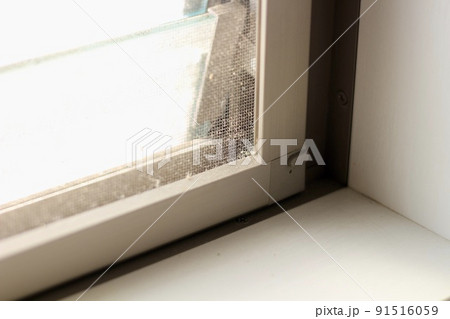 室内、網戸と、網戸の枠に埃、汚れがついている 91516059