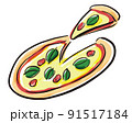 ピザのカラフルな筆書き風手描きイラスト/白背景 91517184