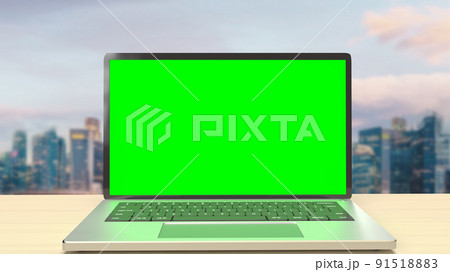 The notebook display green screen on rooftop building for present concept 3d rendering The notebook display green screen on rooftop building for present concept 3d rendering 91518883