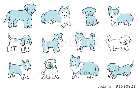 手描きの可愛い犬セット 青 手描きの可愛い犬セット 青 91520821