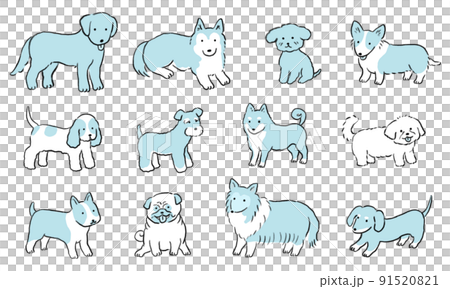 手描きの可愛い犬セット 青 手描きの可愛い犬セット 青 91520821