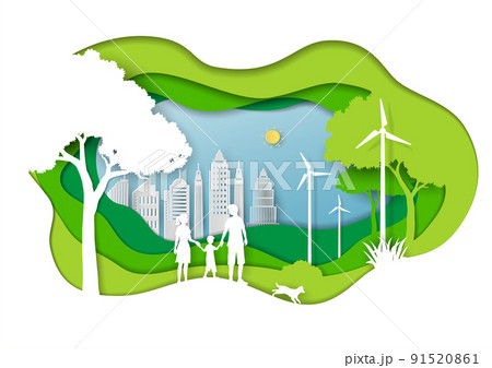 Green eco city with family love nature,paper art landscape in depth layer background 91520861