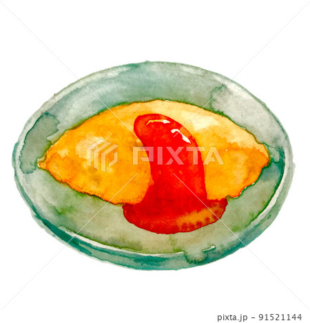 オムライス 青皿　手描き水彩 91521144