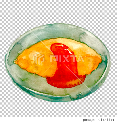 オムライス 青皿　手描き水彩 91521144