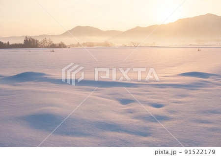 里山の冬　夜明けの道（蒜山高原） 91522179