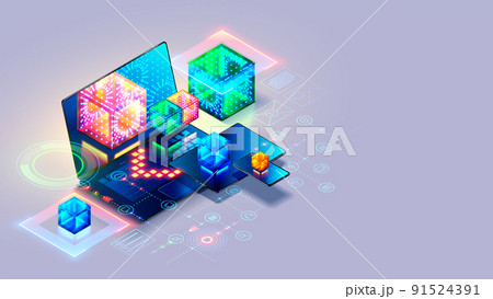 Concept of technology of software development. Computer network of programming digital app. Creating web design and program of business internet website. Laptop, tablet, phone on white with icons. 91524391