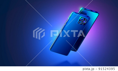 Phone hangs above mirror surface. Smartphone rotated or turned by camera. Smartphone camera close-up view. objective lens effect on glass of mobile cell. Shiny modern phone in neon lights background. 91524395