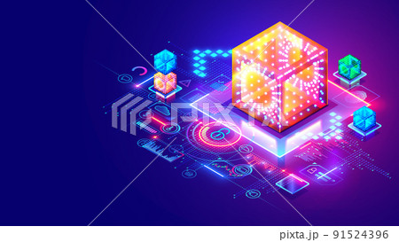 Blockchain technology isometric conceptual banner. Digital block chain tech background. Cryptocurrency mining and safety internet storage. Data is formed into glass blocks. Crypto Economy fintech. 91524396