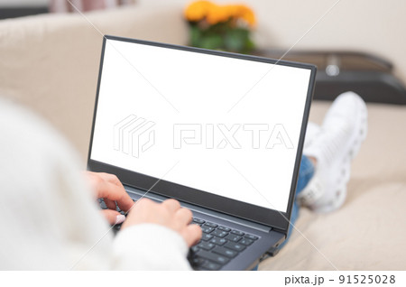 People, lifestyle, modern technology and communication concept. Young Caucasian female writer keyboarding on laptop while working at home. mockup laptop People, lifestyle, modern technology and communication concept. Young Caucasian female writer keyboarding on laptop while working at home. mockup laptop 91525028
