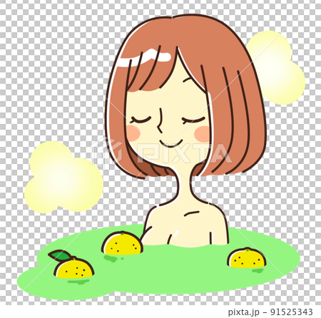 Illustration material of a young woman taking a bath in Yuzu bath 91525343