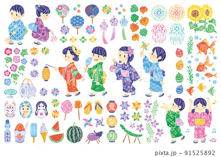 夏祭り　浴衣で縁日を楽しむ子供たちのイラスト素材セット 91525892