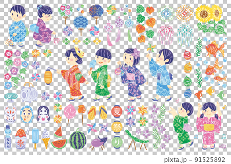 夏祭り　浴衣で縁日を楽しむ子供たちのイラスト素材セット 91525892