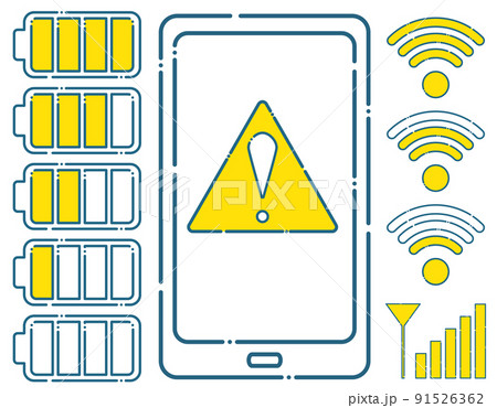 スマートフォン　スマホ　警告　注意　危険　電波　充電　Wi-Fi　マーク　アイコン　シンプル　セット 91526362
