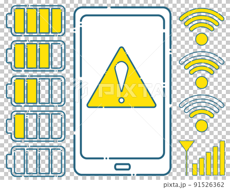 スマートフォン　スマホ　警告　注意　危険　電波　充電　Wi-Fi　マーク　アイコン　シンプル　セット 91526362