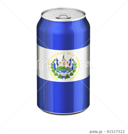 Salvadoran flag painted on the drink metallic can. 3D rendering Salvadoran flag painted on the drink metallic can. 3D rendering 91527522