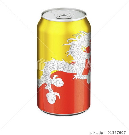 Bhutanese flag painted on the drink metallic can. 3D rendering 91527607