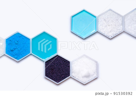 Chemical ingredient in hexagonal molecular shaped container. Sodium Thiosulfate, Copper (II) Sulfate, Shampoo, Potassium Permanganate, Sodium Hydroxide Pellets, Conditioner, Carbamide and Polyethylene Chemical ingredient in hexagonal molecular shaped container. Sodium Thiosulfate, Copper (II) Sulfate, Shampoo, Potassium Permanganate, Sodium Hydroxide Pellets, Conditioner, Carbamide and Polyethylene 91530392