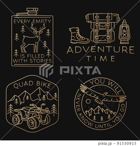 Set of camping badges, patches. Vector. Concept for shirt or logo, print, stamp or tee. Vintage line art design with flying condor, elk, quad bike, forest landscape. Set of camping badges, patches. Vector. Concept for shirt or logo, print, stamp or tee. Vintage line art design with flying condor, elk, quad bike, forest landscape. 91530915