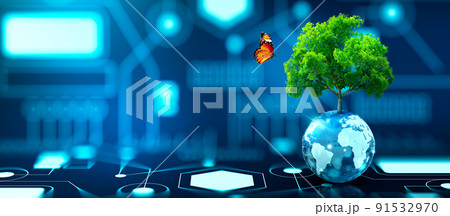 Tree growing on crystal globe. Digital Convergence and and Technology Convergence. Blue light, binary and network background. Green Computing, Green Technology, Green IT, csr, and IT ethics Concept. 91532970