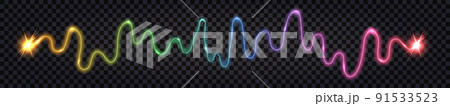 Electric wave swirl , impulse wire. Spectrum color light effect, lightning thunder bolt, power energy electricity cable. Isolated on dark background. Vector illustration Electric wave swirl , impulse wire. Spectrum color light effect, lightning thunder bolt, power energy electricity cable. Isolated on dark background. Vector illustration 91533523