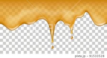 Maple syrup spill drip, melted honey. Isolated flowing liquid , orange juice, sweet sauce, oil, honey, caramel.  Flow On transparent background, vector illustration. 91533528