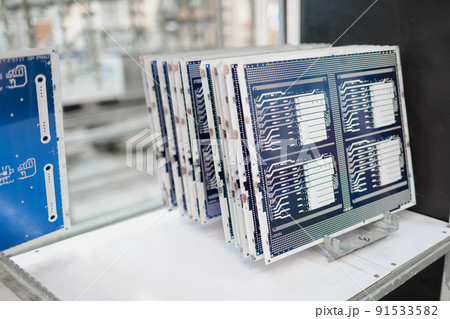 Manufacturing of printed circuit boards in production. Just made batch of printed circuit boards for Manufacturing of printed circuit boards in production. Just made batch of printed circuit boards for 91533582