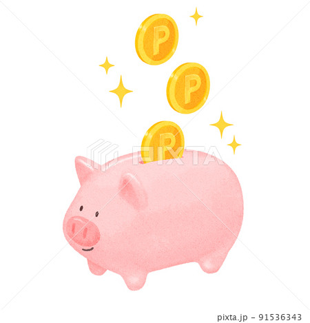 豚の貯金箱にポイント P コインを貯金するイラスト素材 手描き風 のイラスト素材