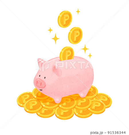 豚の貯金箱にポイント P コインを貯金するイラスト素材 手描き風 のイラスト素材