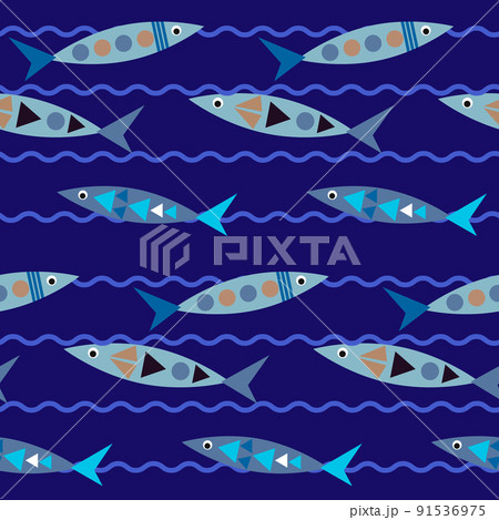 Seamless pattern with fish and waves on a blue background. Marine drawing for childrens prints. Bright print for use in textiles, covers and prints, baby products, packaging, leaflets and flyers, shop Seamless pattern with fish and waves on a blue background. Marine drawing for childrens prints. Bright print for use in textiles, covers and prints, baby products, packaging, leaflets and flyers, shop 91536975