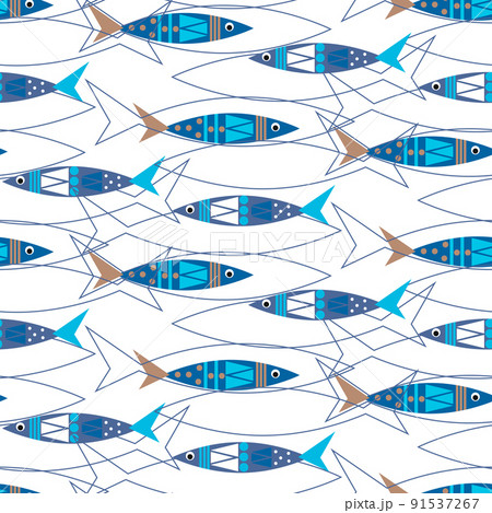 Seamless pattern with stylized fishes. Childrens marine print. Bright print for use in textiles, covers and prints, baby products, packaging, menus and flyers, shops. Vector illustration. Seamless pattern with stylized fishes. Childrens marine print. Bright print for use in textiles, covers and prints, baby products, packaging, menus and flyers, shops. Vector illustration. 91537267