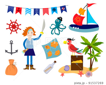 Set for playing pirate. Pirate girl, treasure chest and bag of money, parrot and palm, map, octopus and ship. Vector illustration. For use in postcards, invitations, prints, baby products. Set for playing pirate. Pirate girl, treasure chest and bag of money, parrot and palm, map, octopus and ship. Vector illustration. For use in postcards, invitations, prints, baby products. 91537269