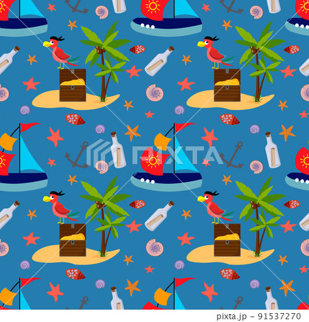 Pattern with an island and a palm tree. treasure chest and pirate parrot. Drawing with pirate items. Vector illustration. For use in postcards, invitations, prints, baby products. Pattern with an island and a palm tree. treasure chest and pirate parrot. Drawing with pirate items. Vector illustration. For use in postcards, invitations, prints, baby products. 91537270