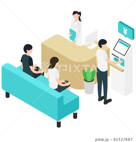 病院の待合室で精算機を使う男性 91537687