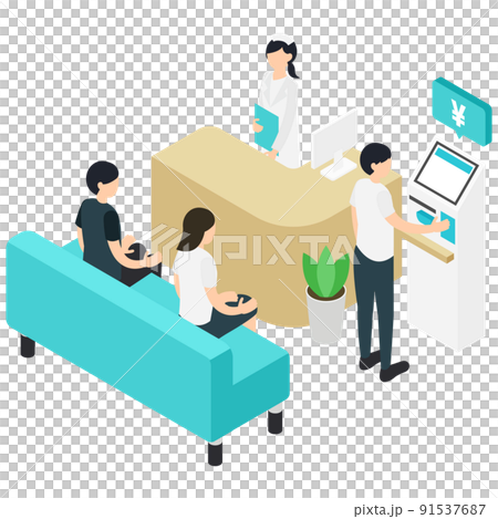 病院の待合室で精算機を使う男性 91537687