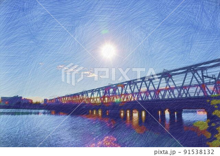 朝日と鉄橋のイラスト素材