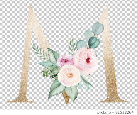 Light golden Letter M with watercolor roses and... - Stock Illustration ...