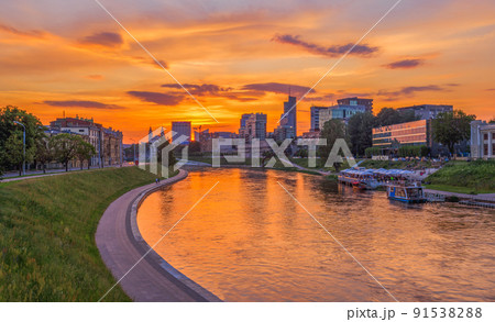 Landscape of Vilnius, Lithuania, Europe. Sunset Cityscape. landscape with Neris river Landscape of Vilnius, Lithuania, Europe. Sunset Cityscape. landscape with Neris river 91538288