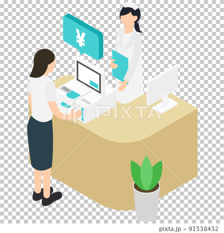 セルフレジで会計する女性患者と看護師 91538432