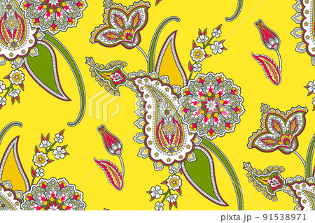 Textile illustration with simple flowers and abstract paisley in Indian painting manner , digital print 91538971