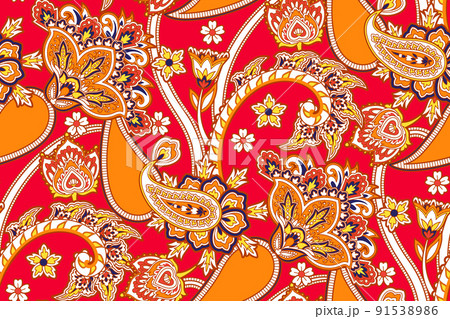 Textile design with beautiful flowers and elegant paisley in traditional motif , folklore ornament 91538986