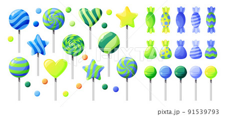 Candy and lollipop. Sweet sugar marshmallow, wrapped twirl gums, dessert food and confectionery. Blue green colors bonbons. Birthday party and presents. Cartoon vector illustration on white background Candy and lollipop. Sweet sugar marshmallow, wrapped twirl gums, dessert food and confectionery. Blue green colors bonbons. Birthday party and presents. Cartoon vector illustration on white background 91539793