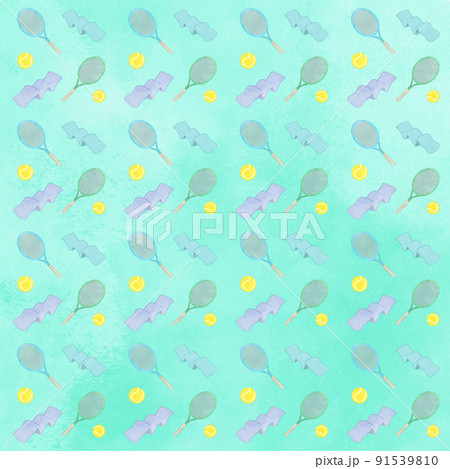 かわいいテニス用具のパターンイラスト エメラルドグリーンVer かわいいテニス用具のパターンイラスト エメラルドグリーンVer 91539810